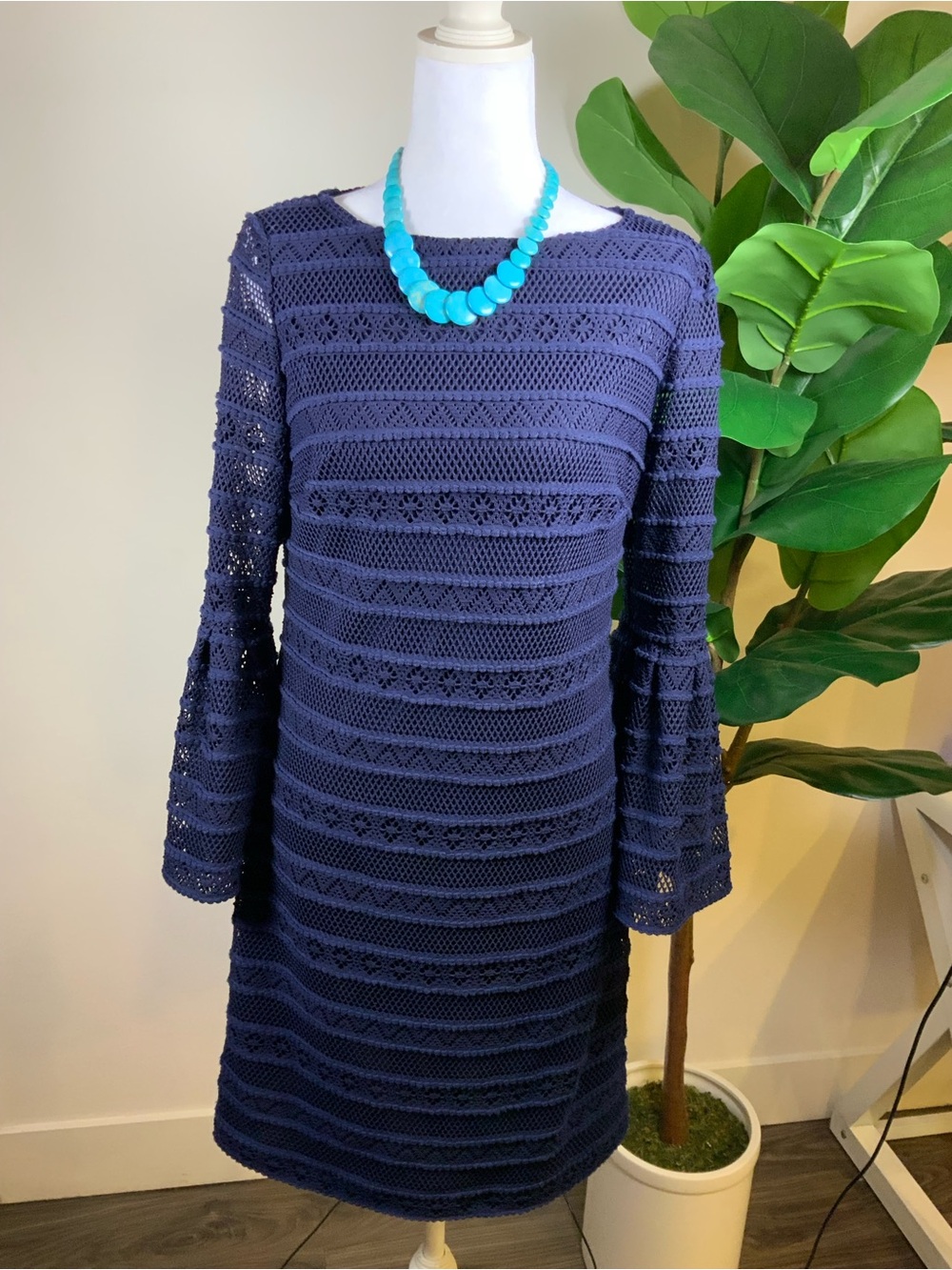 Chaps Navy Crochet Bell-Sleeve Long Dress